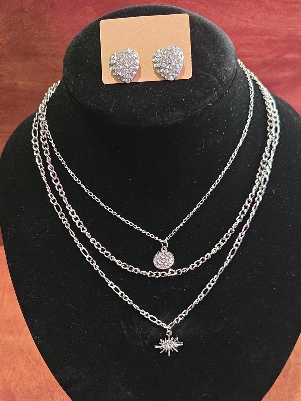 Silver Multi-Layer Pavé Pendant Necklace Set/Sparkling Stud Heart Shape Earrings